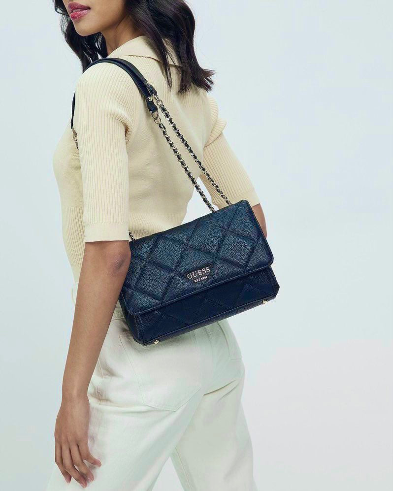 guess flap quilted shoulder bag navy